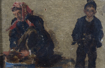 A small oil on canvas study of a peasant woman and boy, ca. 1900