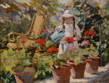 Amédée Degreef a girl watering flowers in the garden