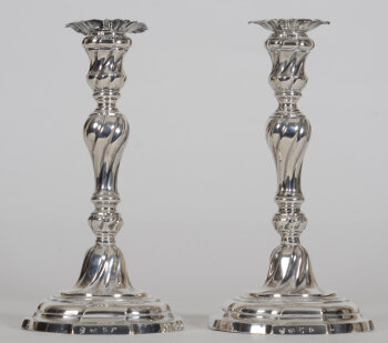 Michiel De Grave (Ghent), a pair of 18th century silver L XV candlesticks, dated 1764