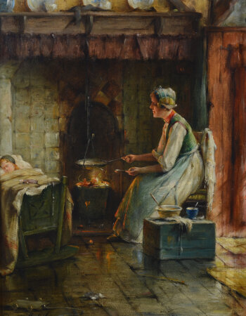 Edward Portielje Interior with mother and child, oil on panel