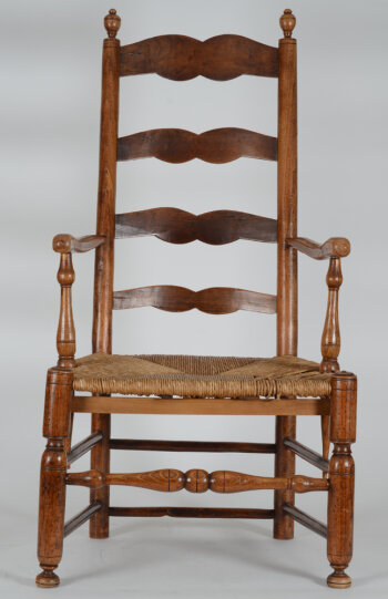 A High back arm chair, turned wood (elm?), Belgian folk art from around 1850