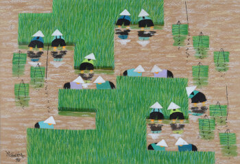 Quach Dong Phuong, white hats in a rice field, pastel on paper, 1998