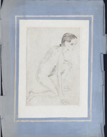 Crouching female nude  Etching