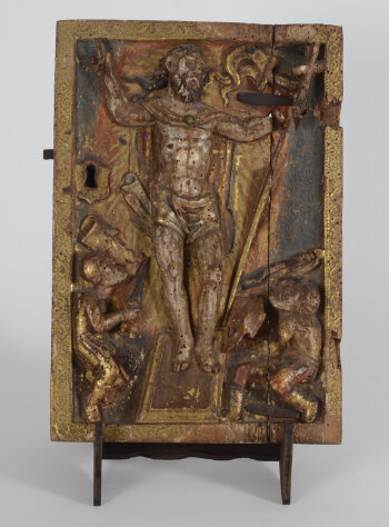 An antique tabernacle door in polychromed wood, possibly Southern Europe
