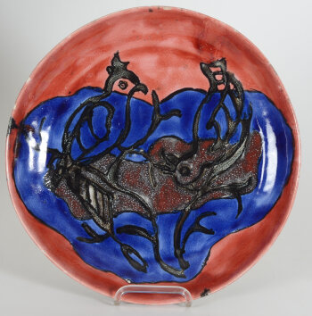 Arlette Roux, a decorative and large dish, signed and dated 1954