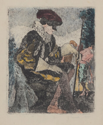 Gaston Pauwels Pensive Arlecchino 1927 hand coloured etching