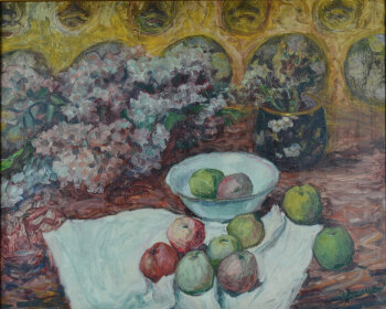 Clémence Jonnaert interior of the artist with flowers and apples