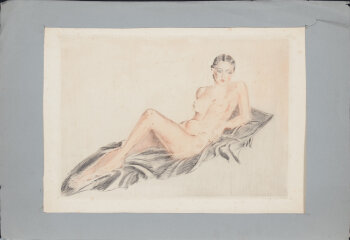 Reclining female nude hand coloured etching