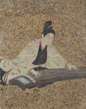 Japanese watercolour showing a musician playing