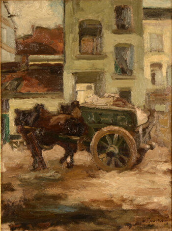 Albert Baertsoen a horse and carriage in a city ca. 1914