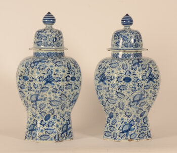 Pair of blue and white millefiori Delftware lidded jars