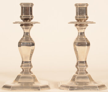 Delheid Frères S.A. a pair of silver L XIV style candlesticks