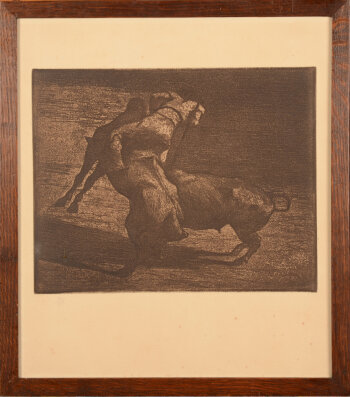Jean Delvin etching Picador and bull