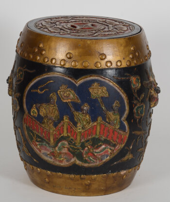 A Chinese barrel shaped polychrome wooden rice container