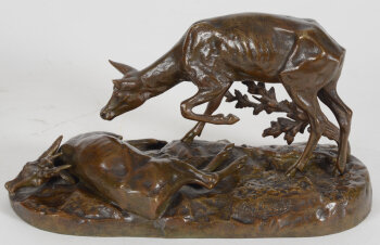 Albert Laplanche a patinated bronze of a stag and a hind