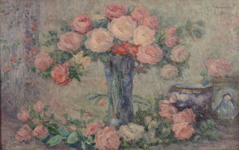 Clemence Jonnaert roses in a blue vase