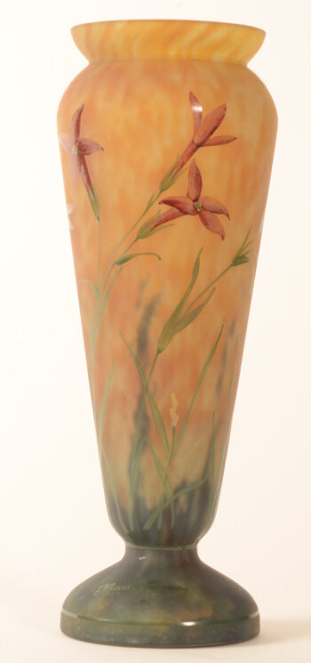 An art nouveau Mado enamel painted glass vase