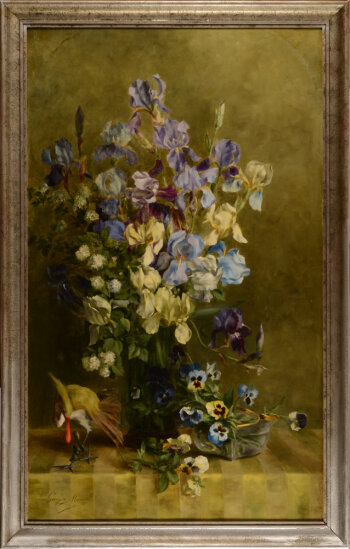 Georgette Meunier a bouquet of flowers and an exotic bird