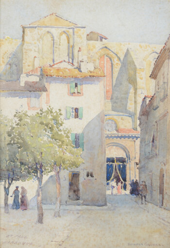 Ernest George a view of the church of St. Paul, Narbonne, France, an original watercolour