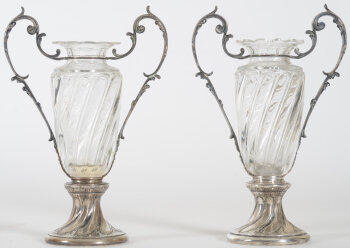 Delheid Frères, a rare pair of silver and cut crystal table vases, ca. 1900