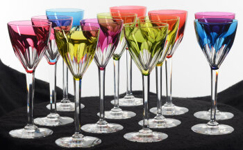 Val Saint-Lambert Gevaert a set of 12 crystal clear and coloured glasses on a high stem