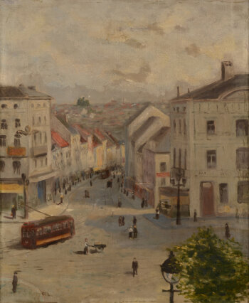 J. Roggen view of an unidentified city with tramway