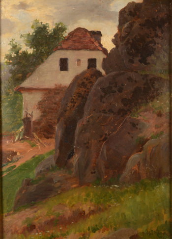 Milos Slovak landscape with a house near a rocky outcrop 1905