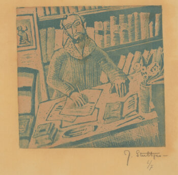 Jan Willem Grinwis Plaat Stultjes man in a library an expressionnist print
