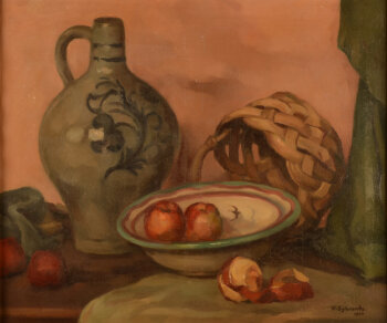 Wilfried Sybrands still life with apple and a stoneware jug