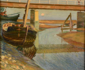 Unknown impressionist artist boats on a river at low tide