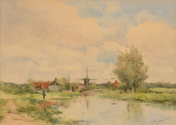 Victor Uytterschaut a landscape with windmill watercolour