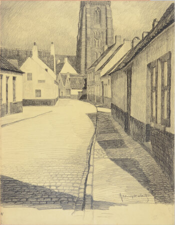 Valentin Vaerwyck View of Lissewege with 'Onze Lieve Vrouw Bezoeking' church, drawing