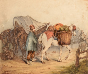 Watercolour of a travelling vegetable seller