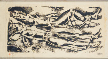 Nicolas Eekman Two women on the beach, an original woodcut